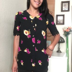 HANDMADE Black and Purple Button-Down Floral Top